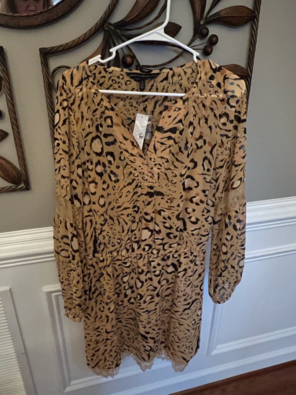 White House Black Market Tan and Black Leopard Print V-Neck Long Sleeve Dress